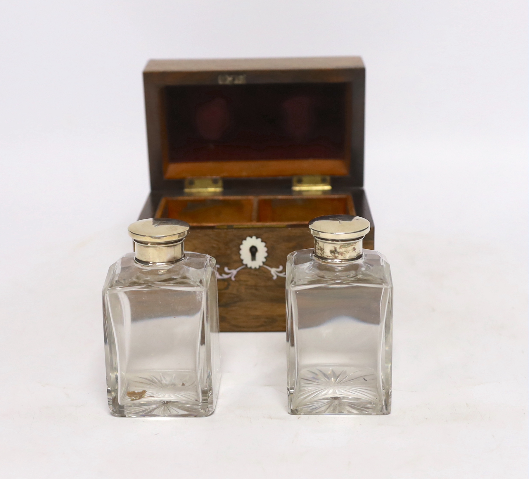 A 19th century mother-of-pearl inlaid rosewood travelling toilet box with two white metal mounted bottles, 14cm wide